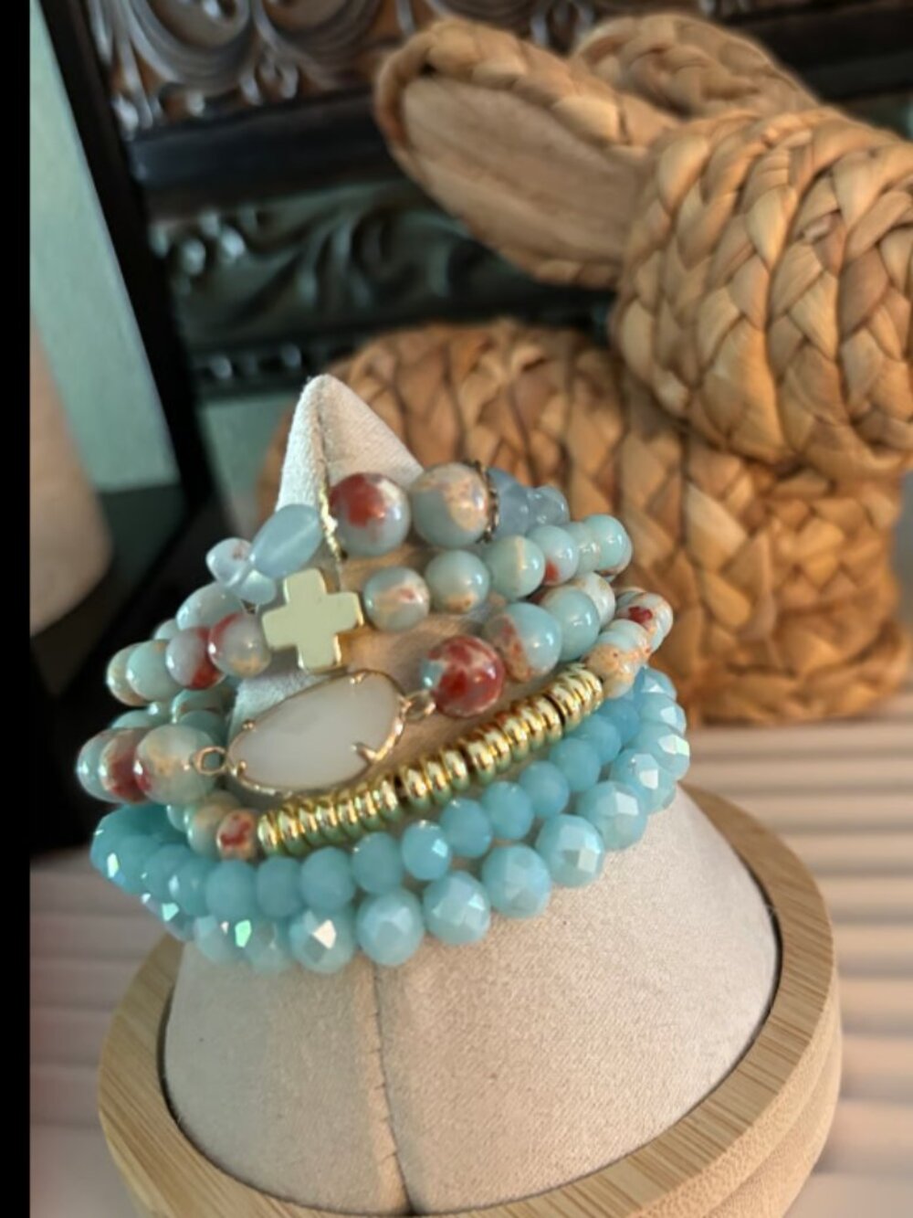 Natural Stones Set of 6 Stretch Bracelets with Gold